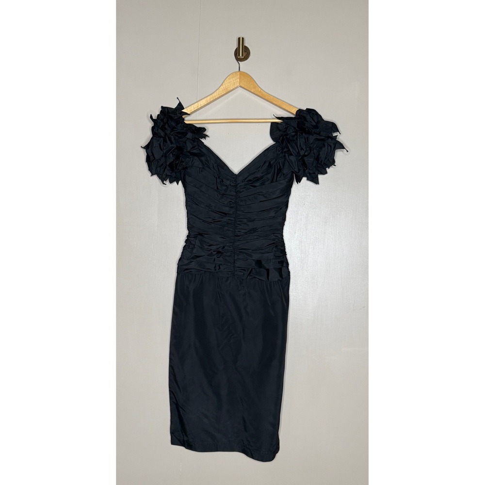Vintage Night Visionz Black Ruched Bow Shoulder Cocktail Dress 3/4 80s 90s